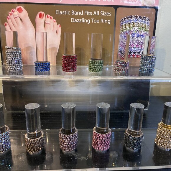 New STRETCH CZ ELASTIC TOE RINGS STAND DISPLAY LOT WHOLESALE BLUE PINK RED GREEN - Picture 1 of 9
